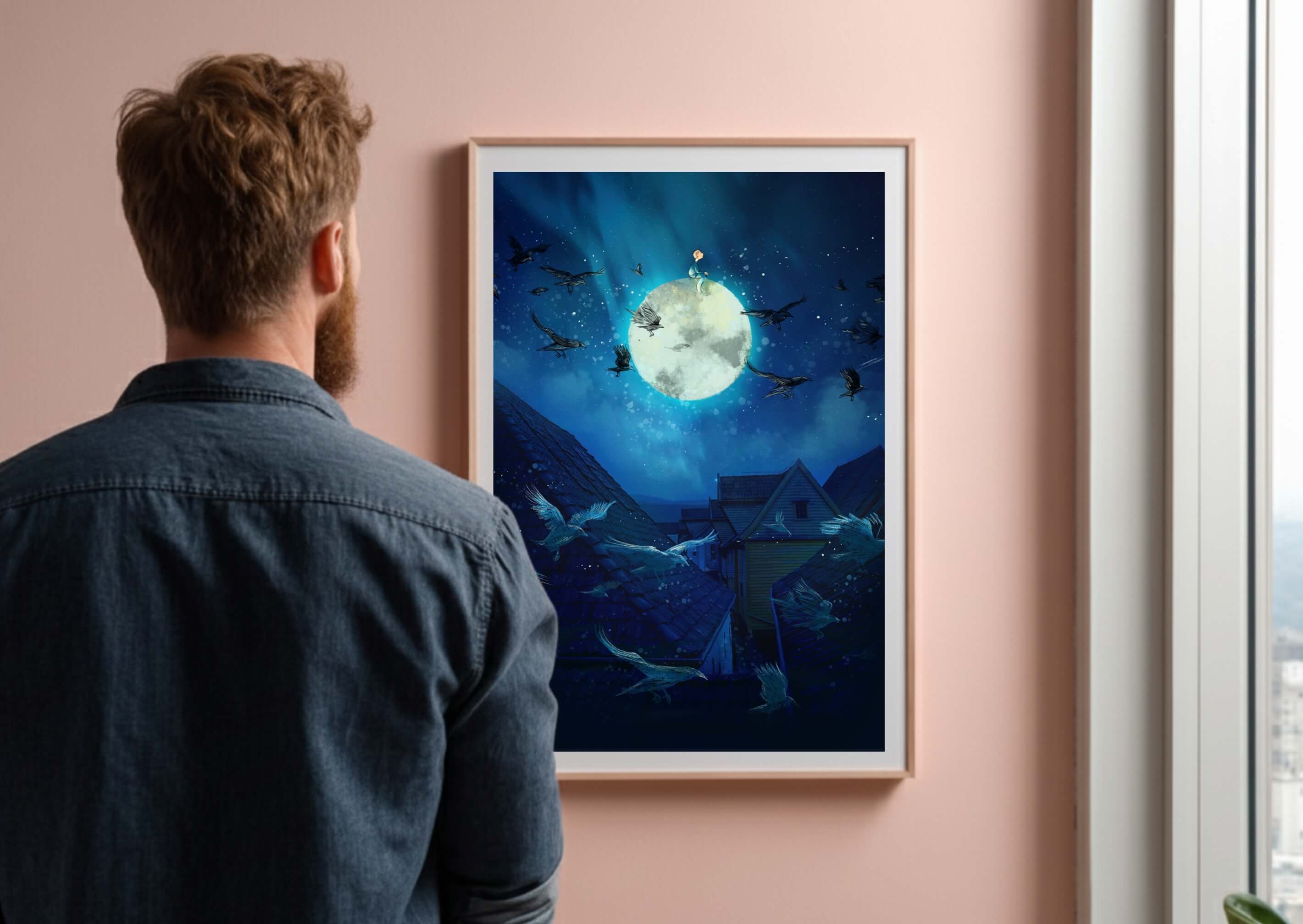 Drømmen over Bryggentakene mokup stue man looking at artprint