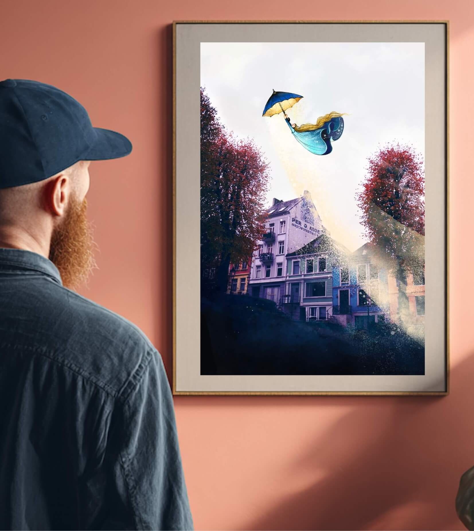 Paraply over Bergen mockup man looking at artprint
